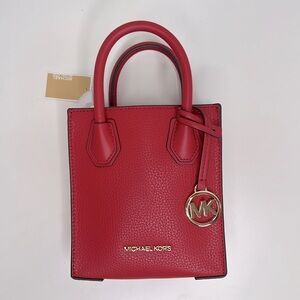 MICHAEL KORS Mercer Extra Small Mini Pebble Leather Crossbody Flame Red NWT